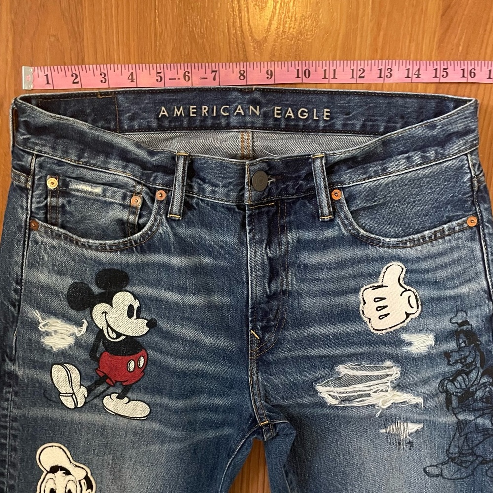 AE DISNEY MICKEY MOUSE Distress Slim Jeans DONALD DUCK GOOFY PLUTO Unisex 32X34 - Picture 14 of 16